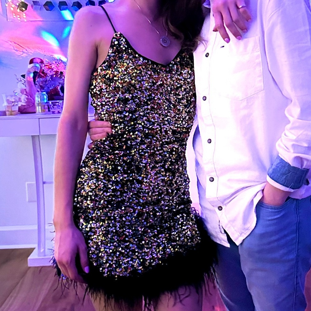 Sequin Black and Gold Dress with Feather Hem